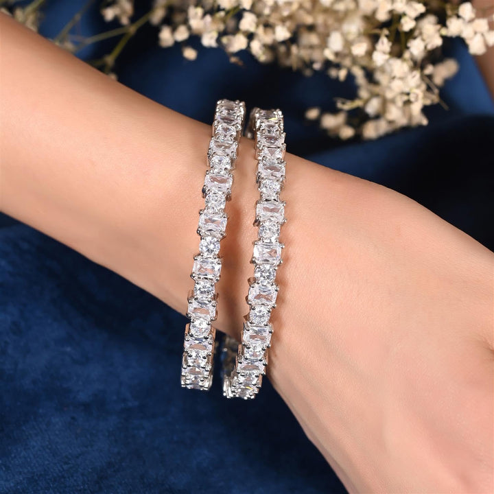 Silver Plated Bangles Set with Cubic Zirconia | Silver Plated American Diamond CZ Bangles Set
