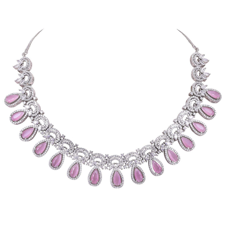 Silver Bridal Necklace & Earrings Set with Purple CZ | Brass Silver Plated Purple White Cubic Zirconia Necklace Set