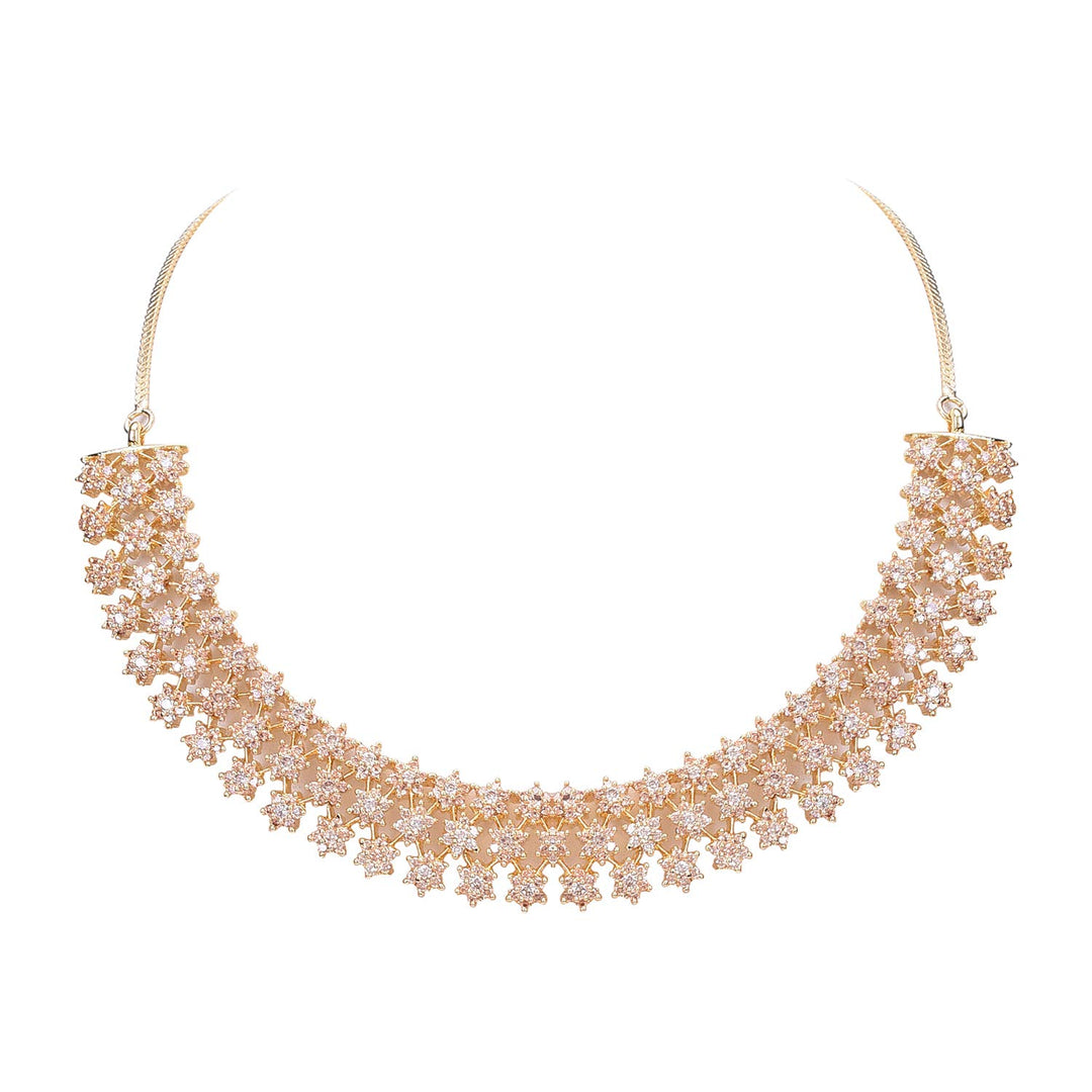 Gold Plated Necklace Set with Earrings | American Diamond Golden Champagne Necklace Set