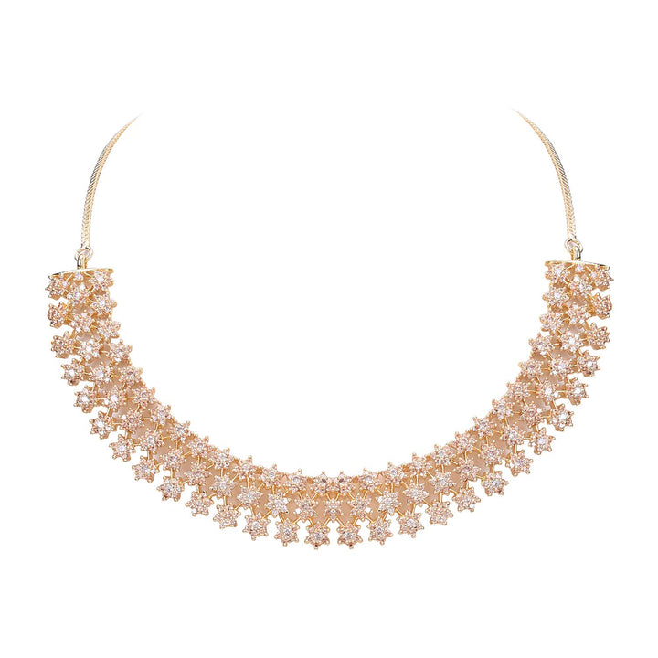 Gold Plated Necklace Set with Earrings | American Diamond Golden Champagne Necklace Set