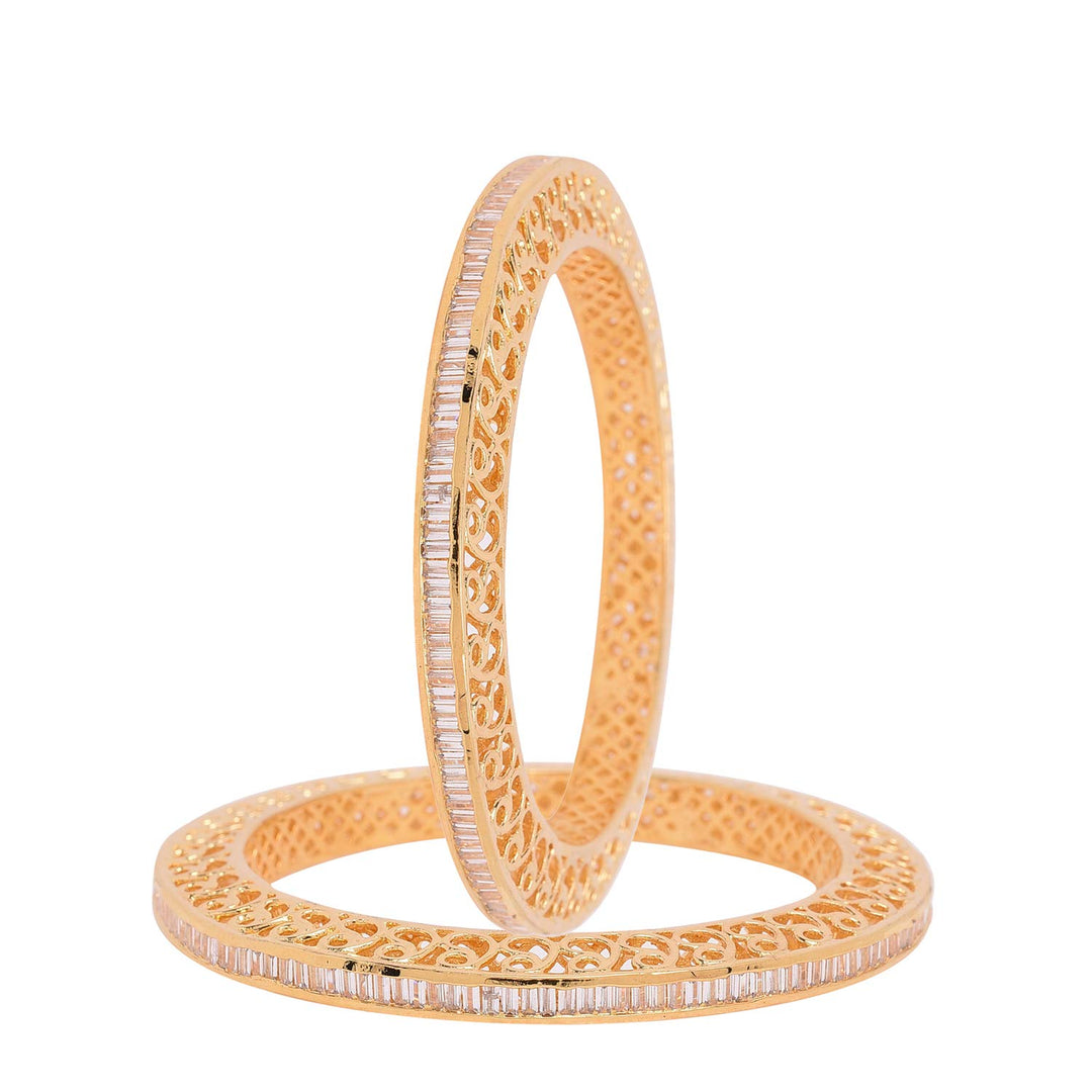 Gold Plated American Diamond Designer Bangle - Elegant Wedding Jewelry | Gold Plated White Baguettes American Diamond Designer Kada Bangle