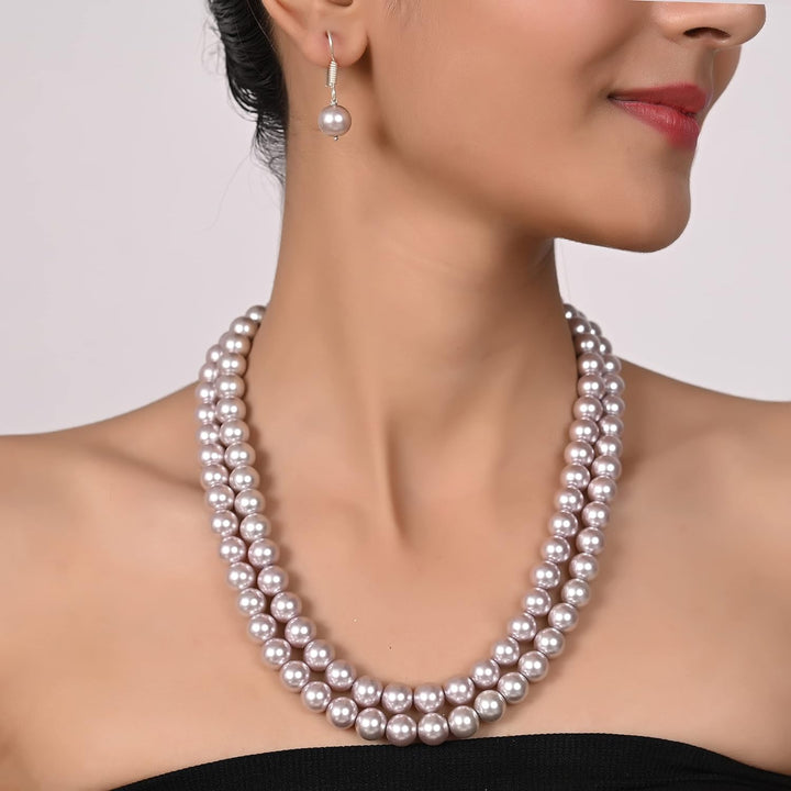 Imitation Pearl Double Strand Necklace Set with Earrings | Double Strand Imitation Pearl Set - Timeless Beauty