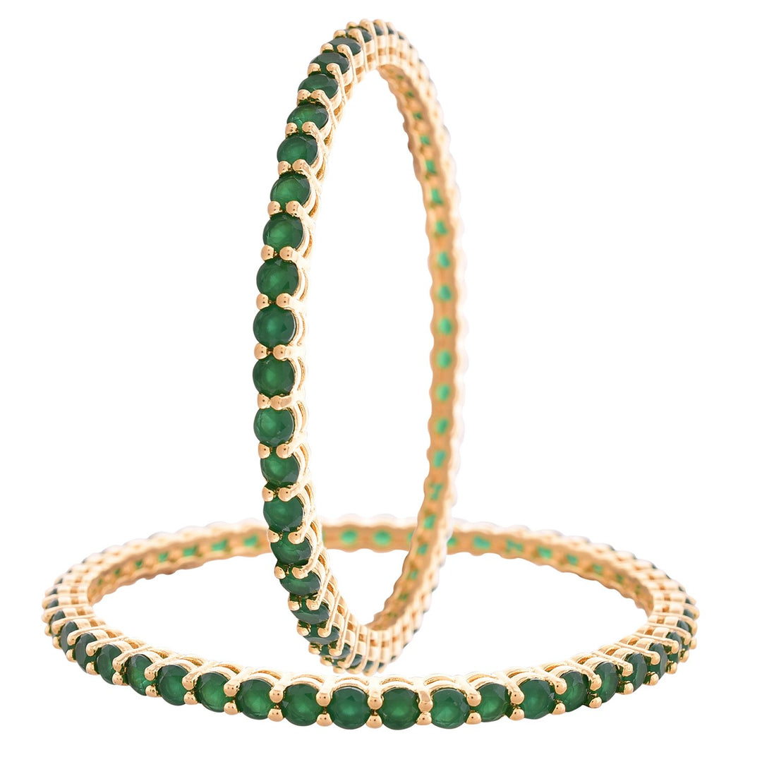 Emerald Green CZAD Bangles Set with Swiss Zirconia | Gold Plated Emerald Green American Diamond Bangles Set