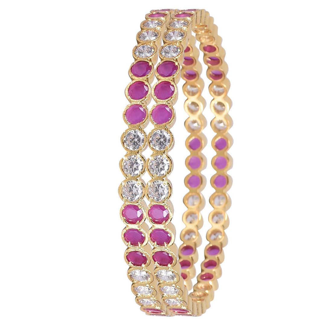 Gold Plated Designer American Diamond Bangles Set | Designer Gold Plated CZ Bangles - Red Ruby Style