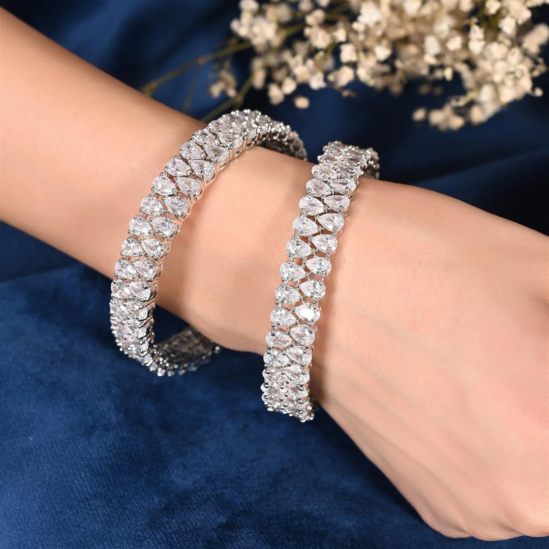 Silver American Diamond Bangle with Swiss CZ Stones | Silver Plated White American Diamond Fashion Bangle Set