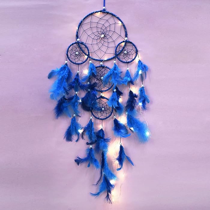 Blue Dream Catcher with Lights | Dream Catcher with Lights - Handcrafted Wall Hanging (Blue, 55 x 15 cm)