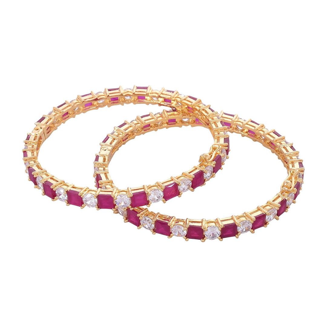 Gold Plated American Diamond Bangles with Red Ruby and White CZ | Red Ruby Gold Plated Traditional Bangles - RV2646R