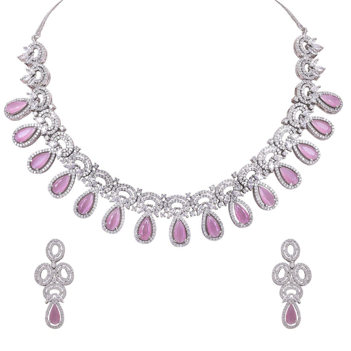 Silver Bridal Necklace & Earrings Set with Purple CZ | Brass Silver Plated Purple White Cubic Zirconia Necklace Set