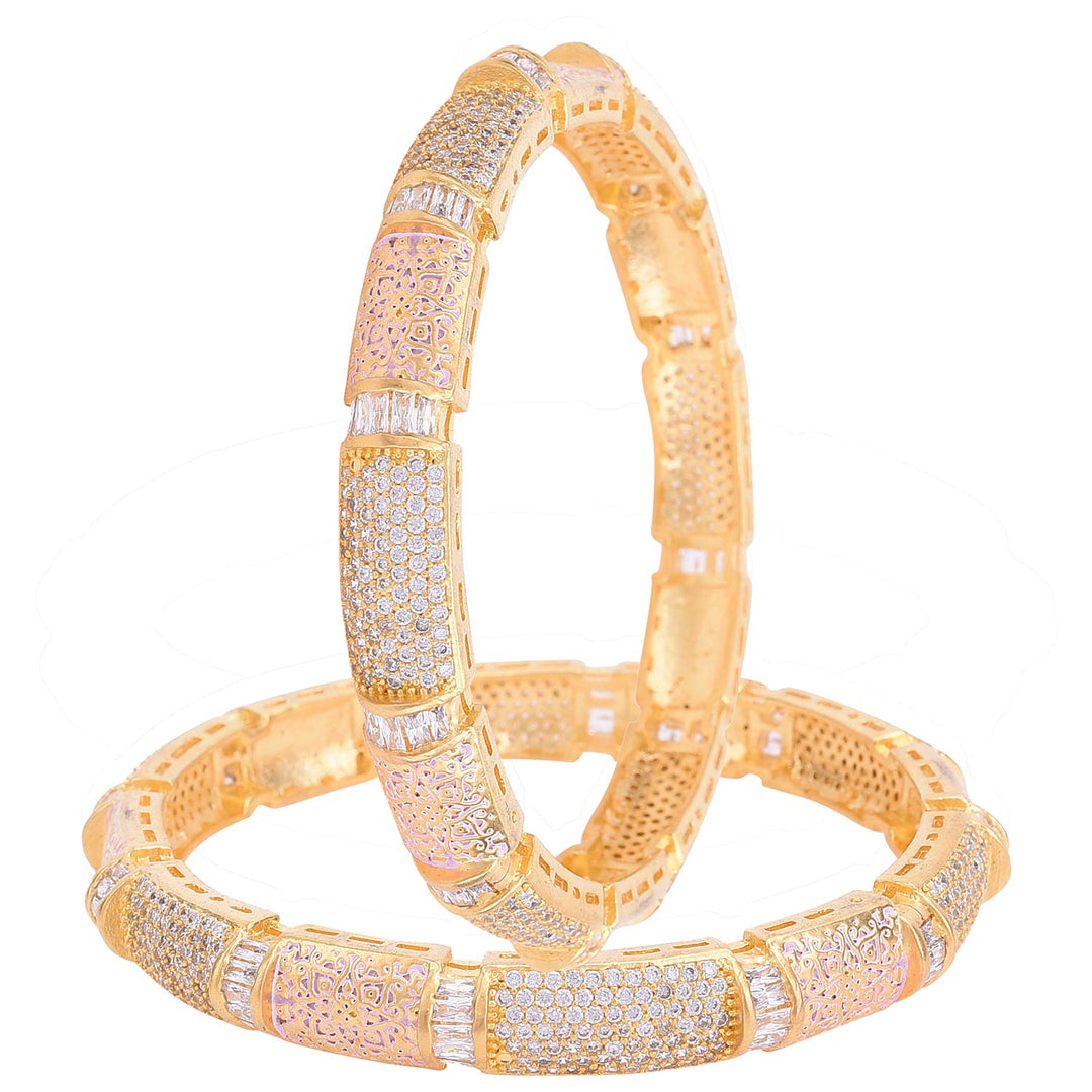 Gold American Diamond Bangle for Parties | Gold Plated White American Diamond Baguette Stone Bangles Set