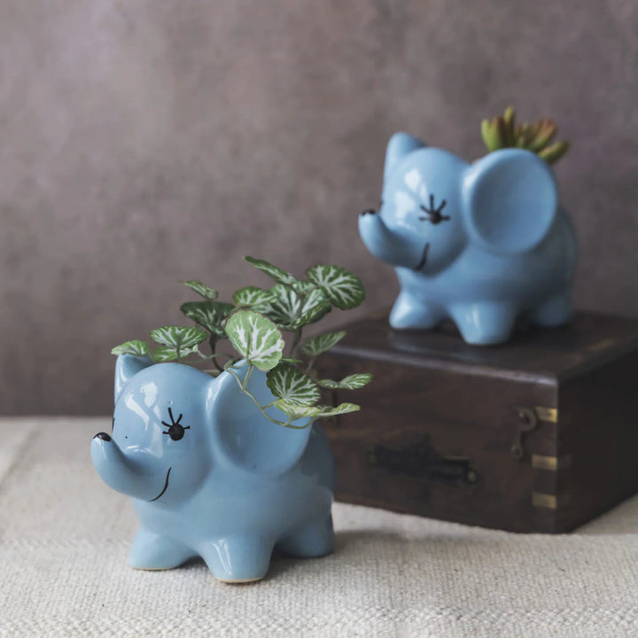 Handcrafted Elephant Planters | Blue Elephant Planter Pot Set of 2