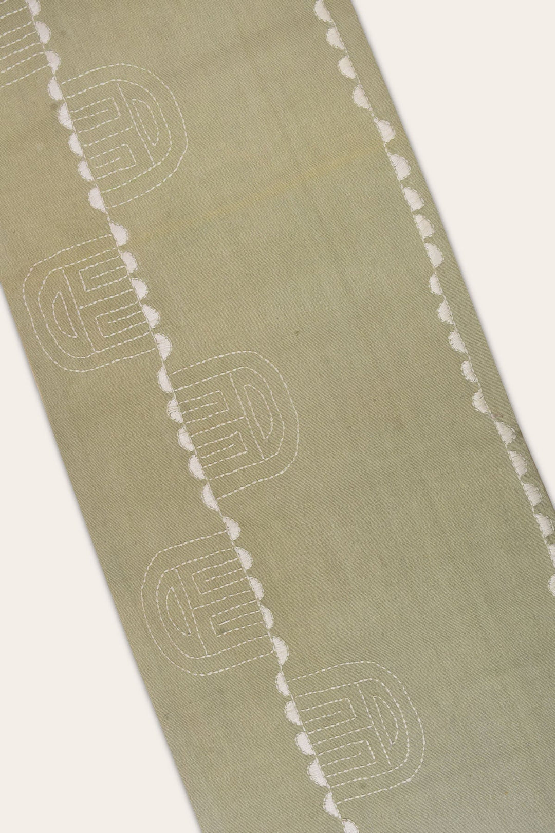 Tea Green Cotton Table Runner with Embroidered Maze Design | Felice - Handwoven Table Runner - Tea Green
