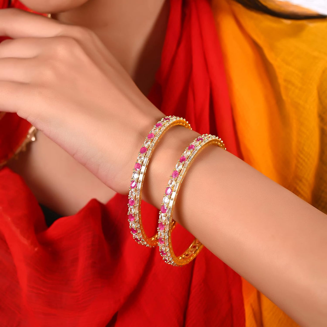 American Diamond Bangles Set | Micro Gold Plated Chudi Bangles - Mint Red White