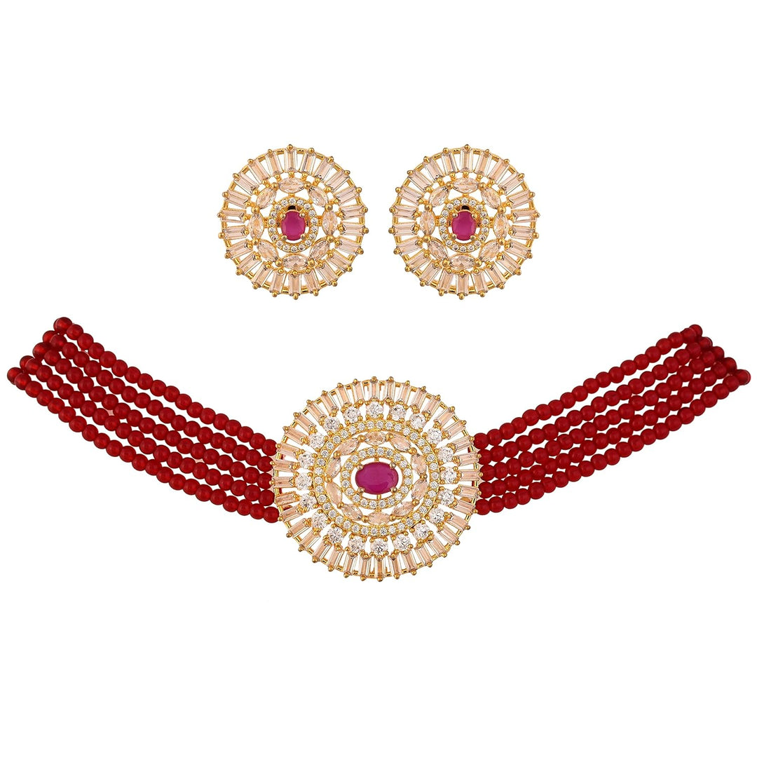 Golden Choker Necklace Set with American Diamond | Royal Red Gold Plated Choker Necklace Set