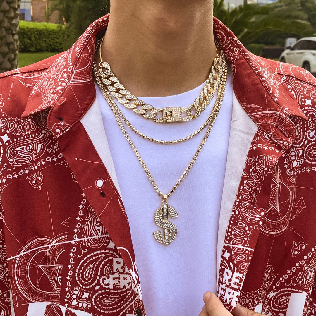 Men's Golden Dollar Sign Chain Necklace | Golden Multilayer Hip Hop Cuban Long Chain