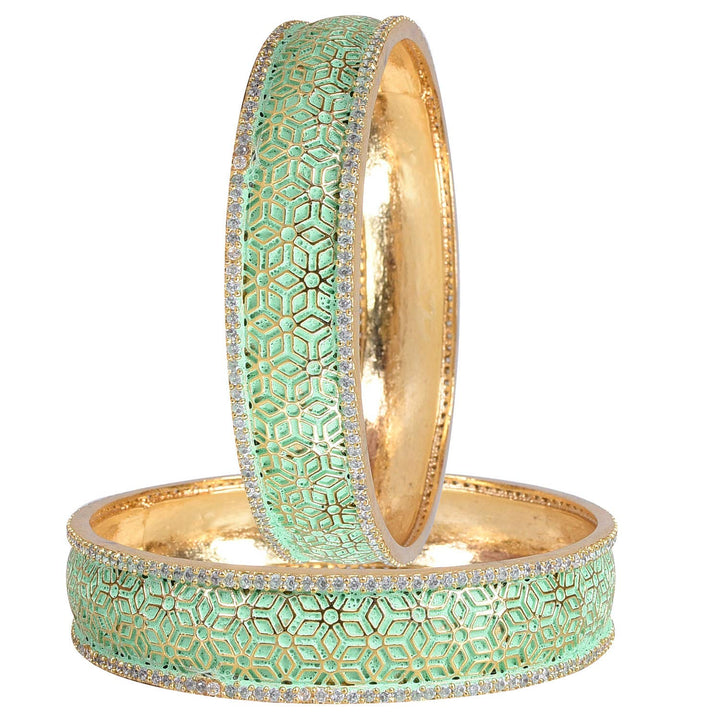Gold Plated Green Enamel CZ Bangles | American Diamond CZ Gold Plated Green Enamel White Bangles