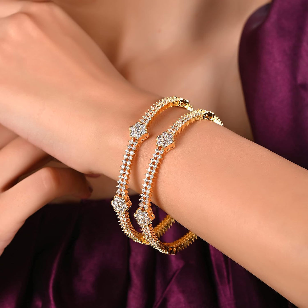 Gold Plated Floral Bangles Set | Gold Plated Floral American Diamond Bangles Set