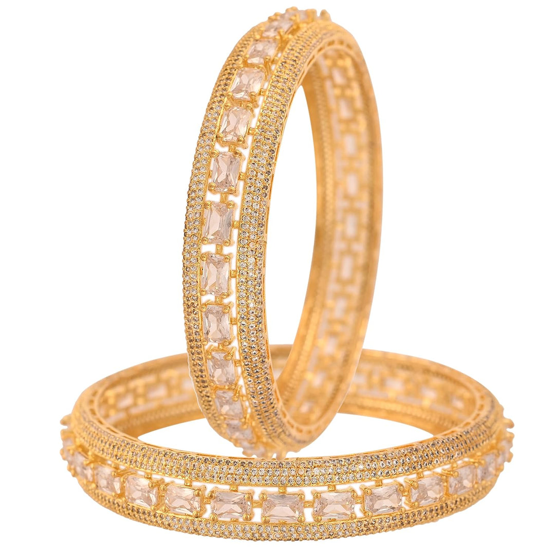 18K Gold Plated CZ Bangles Set | Golden Plated White American CZ Diamond Kada Bangles Set