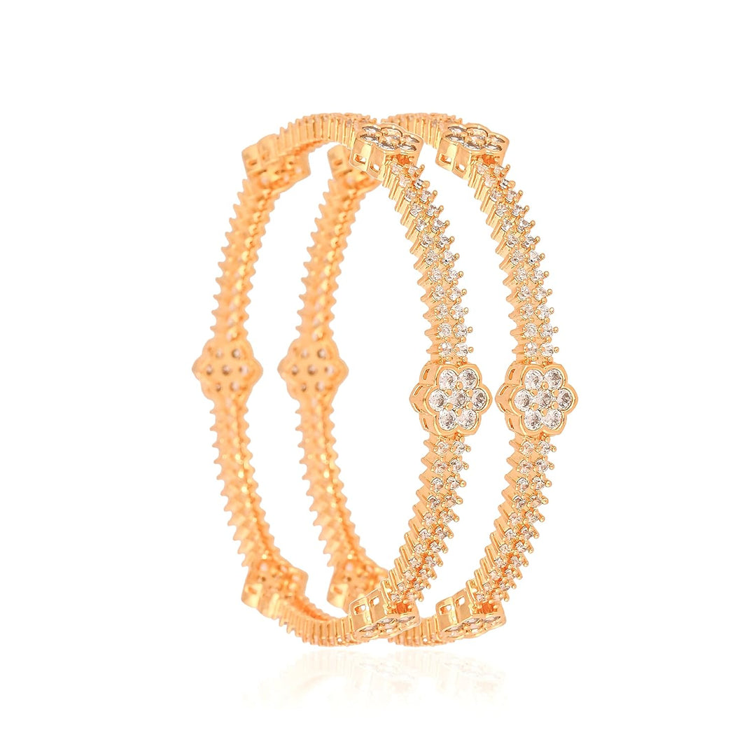 Gold Plated Floral Bangles Set | Gold Plated Floral American Diamond Bangles Set