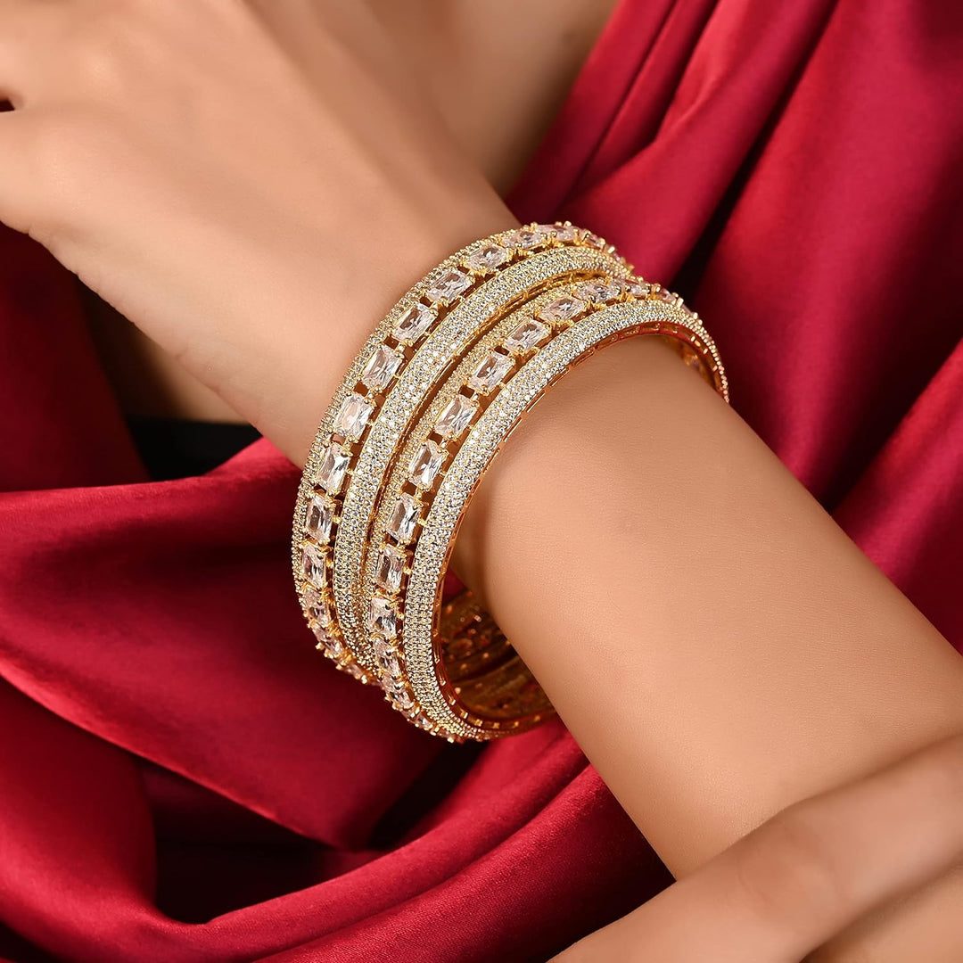 18K Gold Plated CZ Bangles Set | Golden Plated White American CZ Diamond Kada Bangles Set