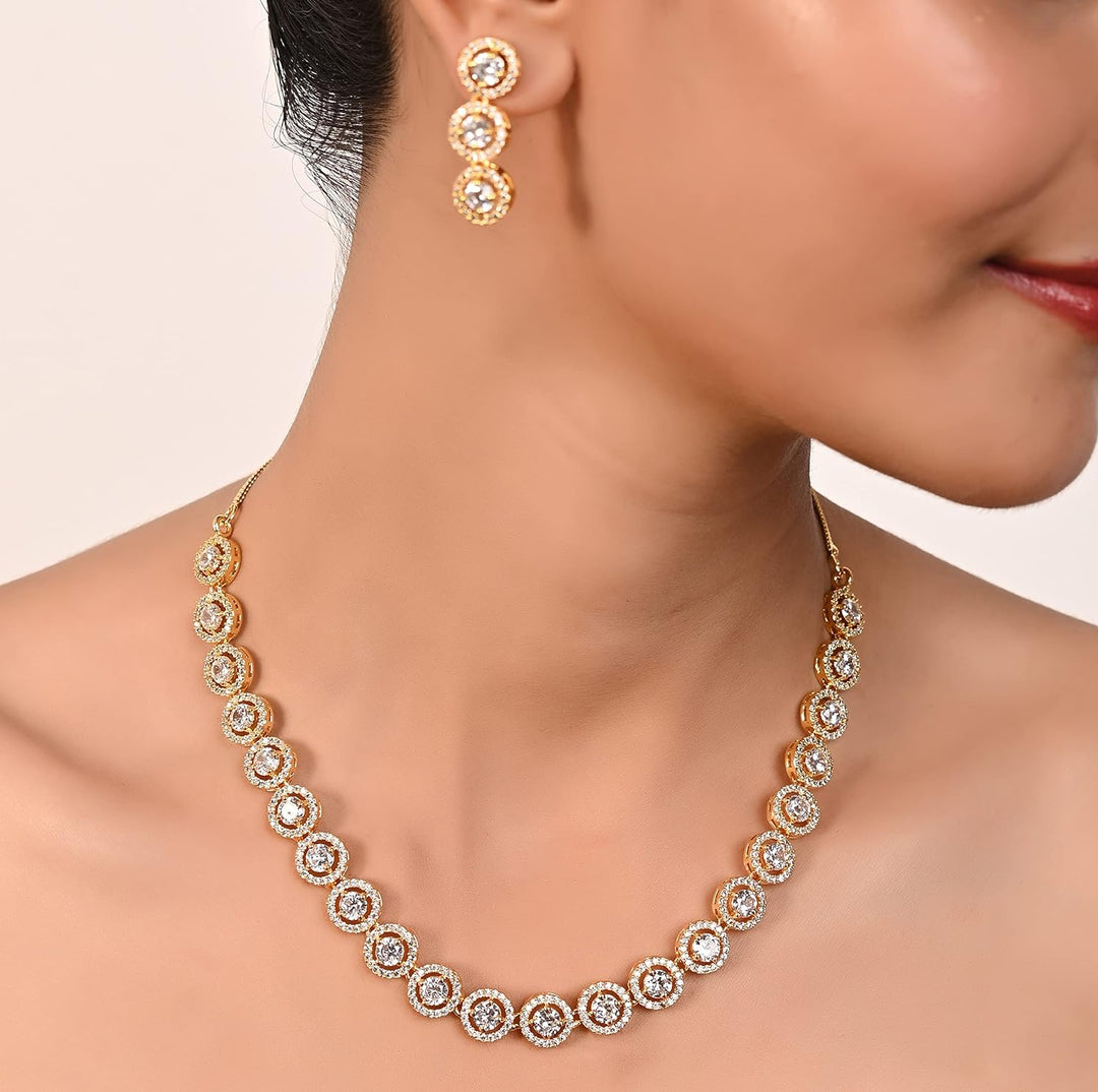 Gold Plated Necklace Set with Cubic Zirconia Stones | American Diamond Gold Plated Necklace Set