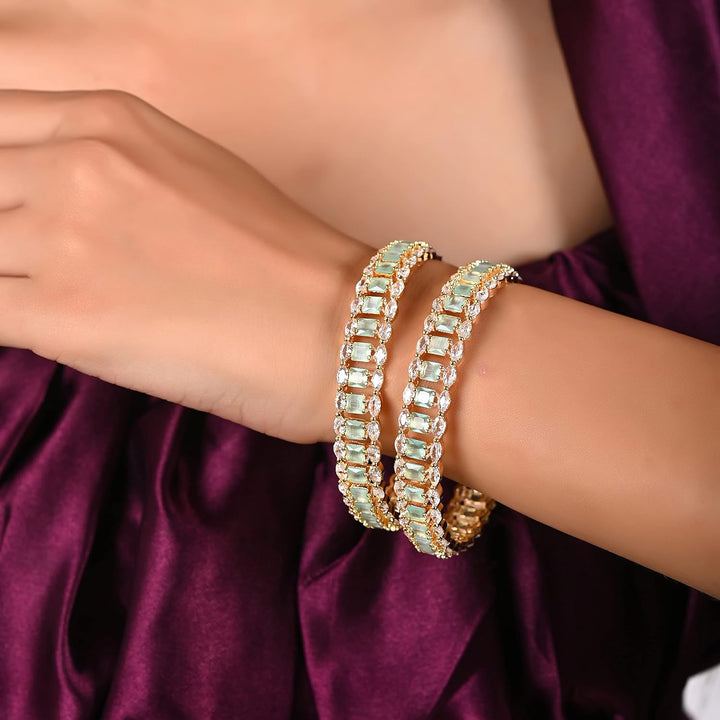 Gold Plated Diamond Bangle Set - Size 2.2 | Micro Gold Plated Stone Bangles - White Pink Mint