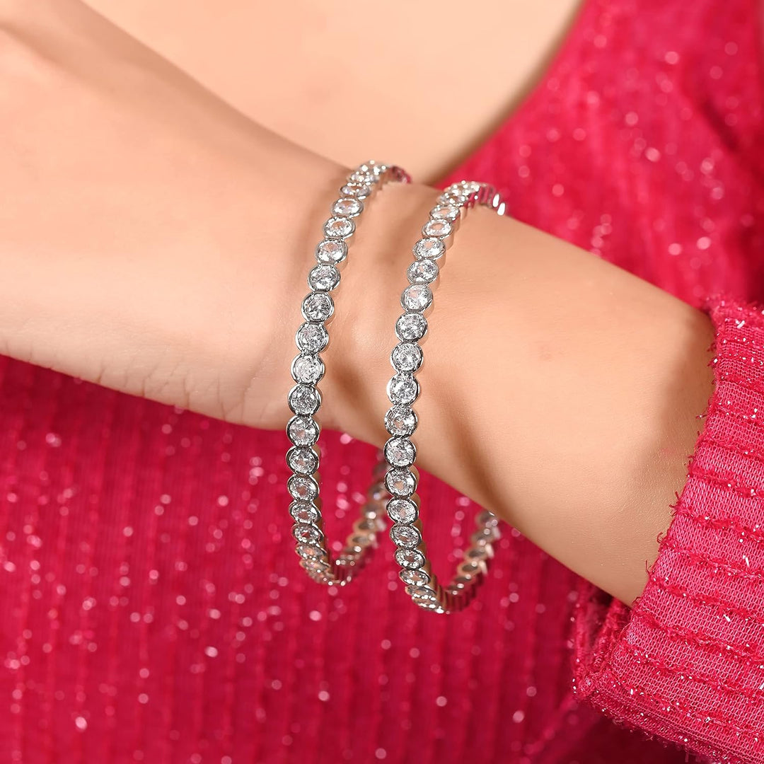 White Silver CZ Bangles Set - Brass, Size 2.8 | CZAD American Diamond Studded Silver Plated Bangles Set