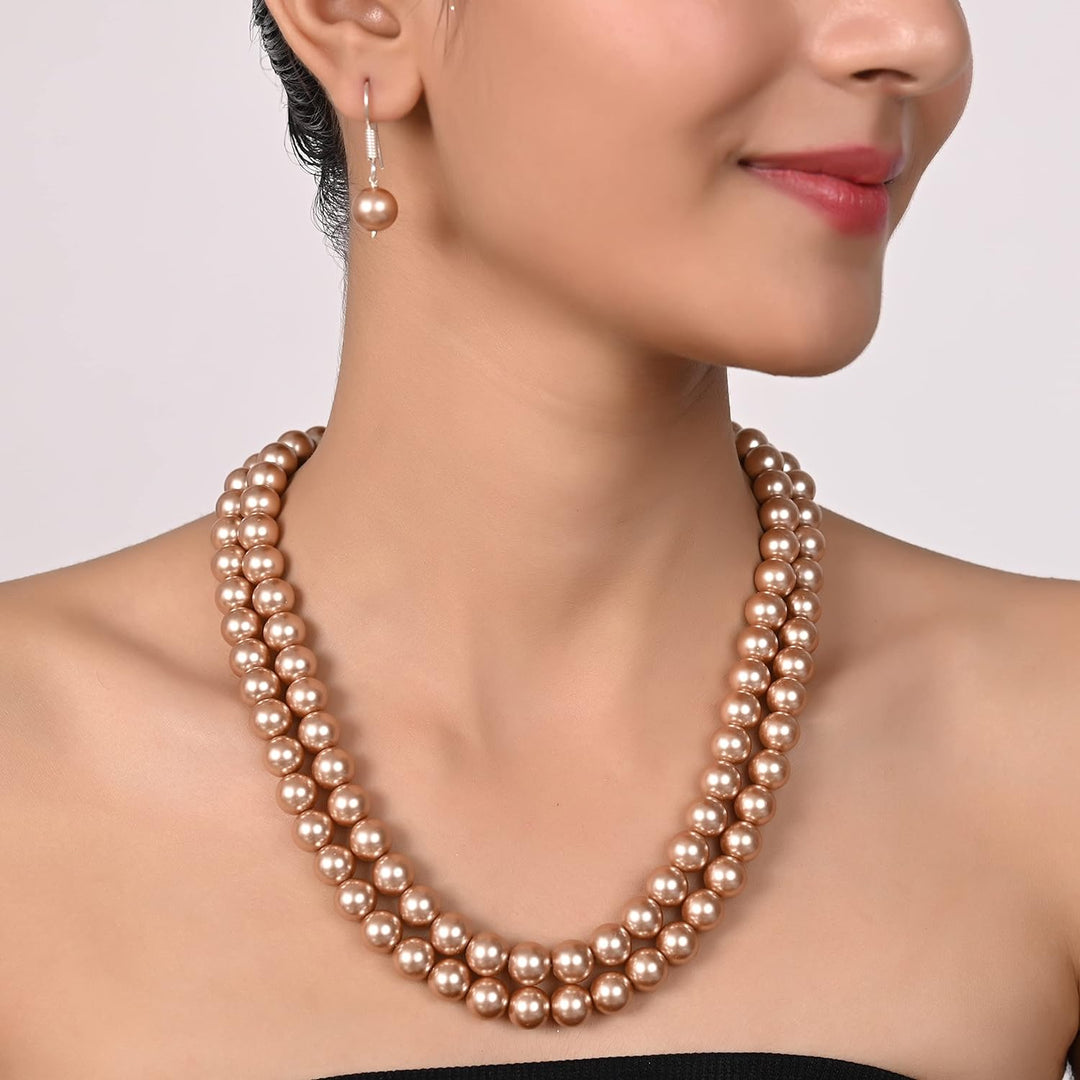 Imitation Pearl Double Strand Necklace Set with Earrings | Double Strand Imitation Pearl Set - Timeless Beauty