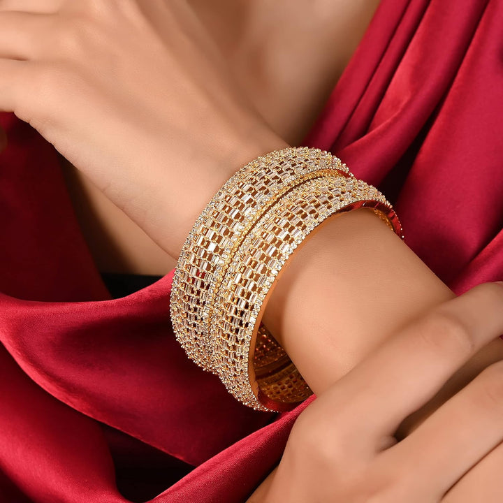 Gold-Plated CZ Bangles Set for Special Occasions | Gold Plated White American Diamond CZ Baguette Bangles Set