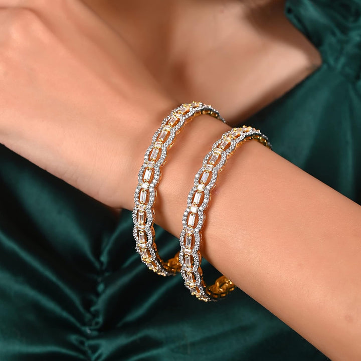 Gold Plated Bangle Bracelets with Cubic Zirconia - Size 2.6 | Gold Plated White Baguette American Diamond Stone Latest Bangles Set