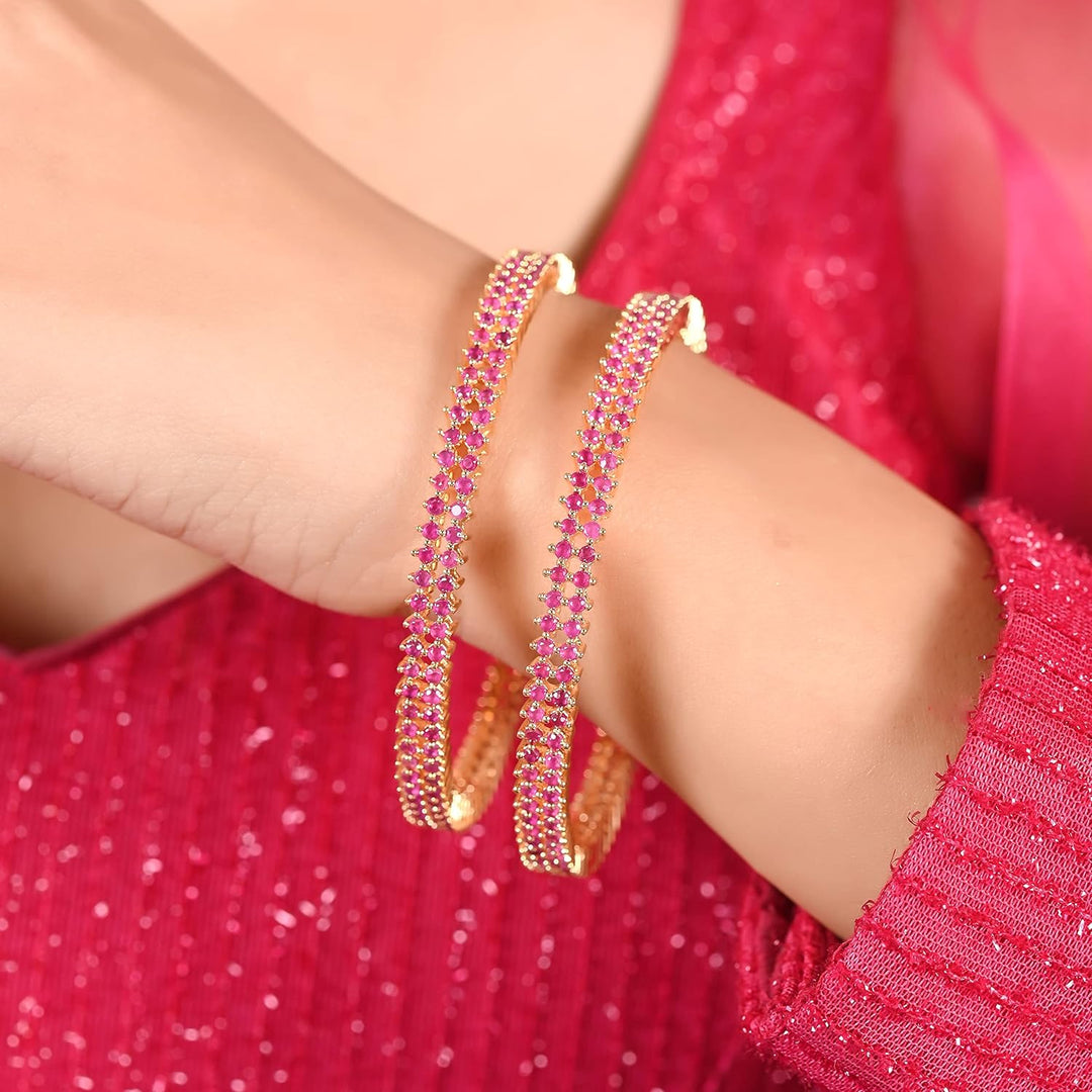 Gold-Plated Bangles Set for Special Occasions | Gold Plated American Diamond CZ Red Ruby Bangles Set