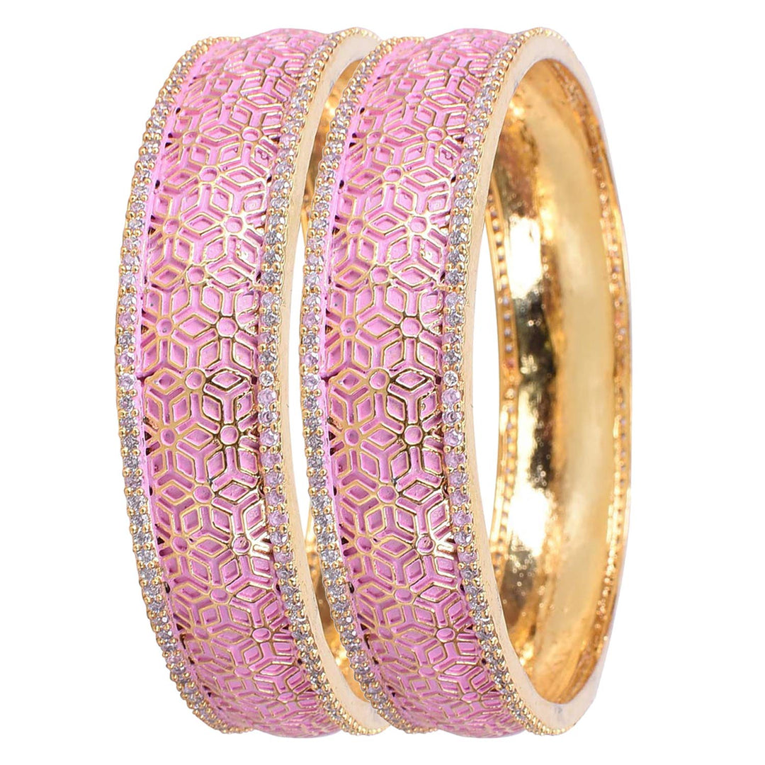 Gold Plated Pink Enamel Bangles | American Diamond ADCZ Gold Plated Pink Enamel Design Bangles