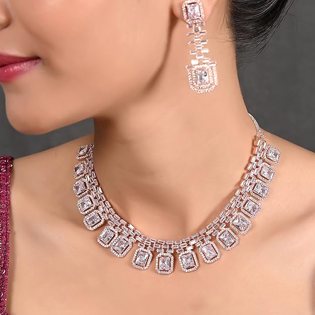 Rose Gold Plated Necklace Set with Diamond Earrings | Elegant American Diamond Necklace Set
