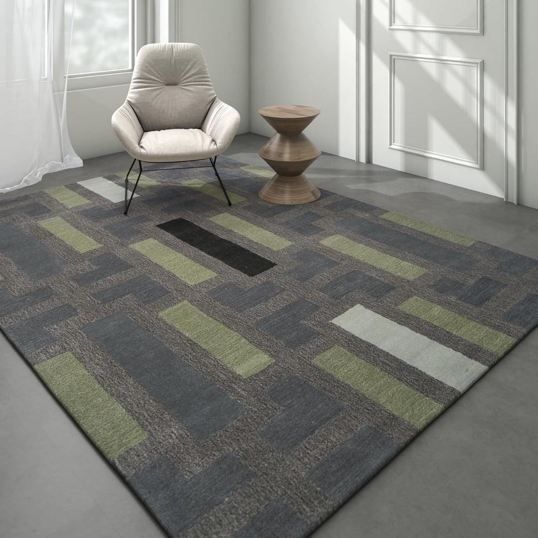 Handmade Wool Rug - Leaf Green/Plum | Wool Handmade Tufted Striped Modern Carpet (Green, 5x8 Feet)