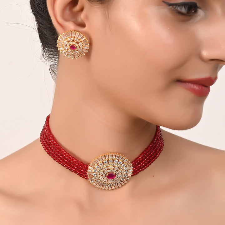 Golden Choker Necklace Set with American Diamond | Royal Red Gold Plated Choker Necklace Set