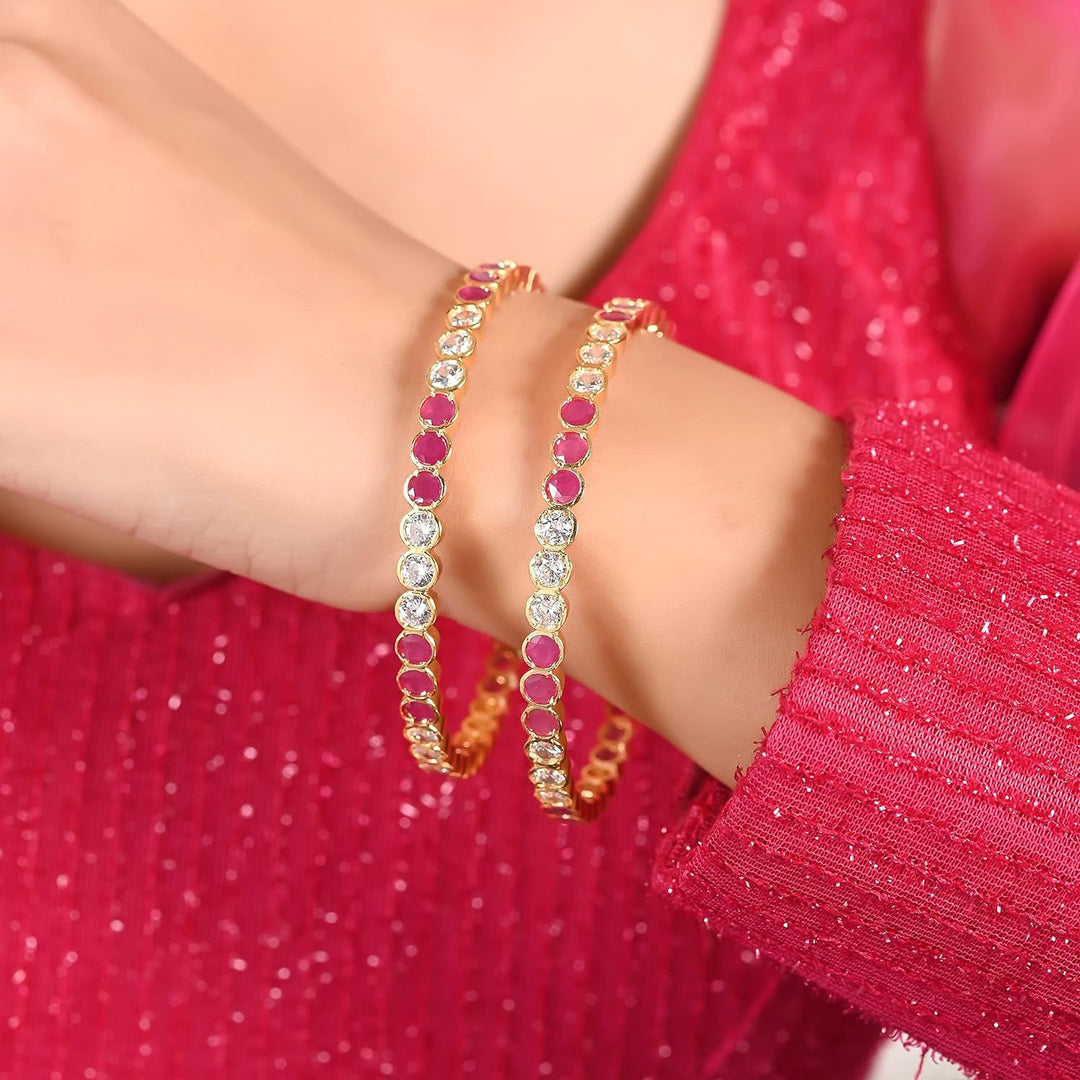 Gold Plated Designer American Diamond Bangles Set | Designer Gold Plated CZ Bangles - Red Ruby Style