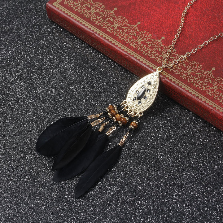 Boho Gypsy Feather Pendant Necklace | Boho Gypsy Style Black Feather Long Pendant Chain Necklace
