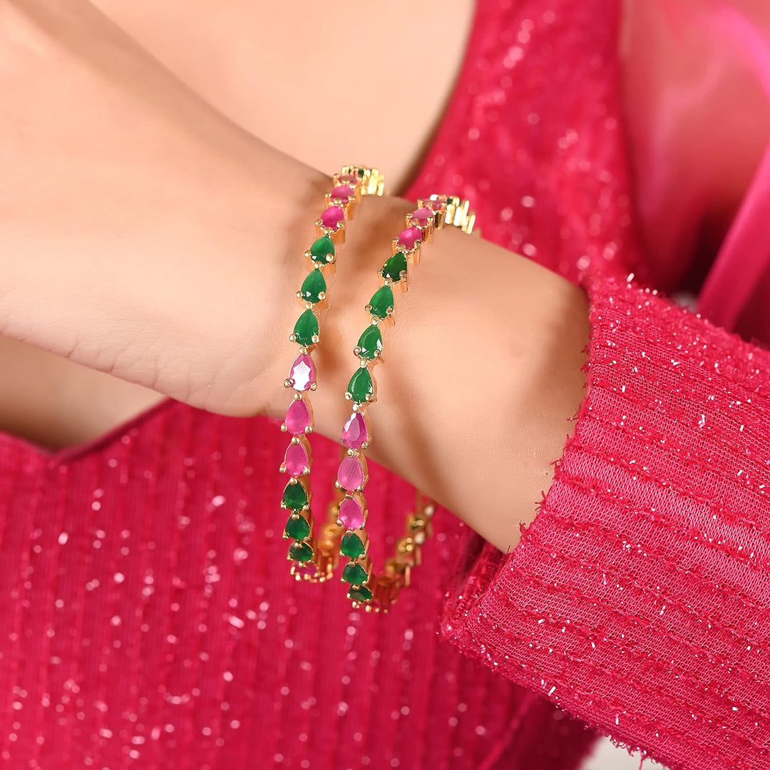 Gold Plated American Diamond Bangles | Ruby Red Green CZ Bangles - Gold Plated Glam