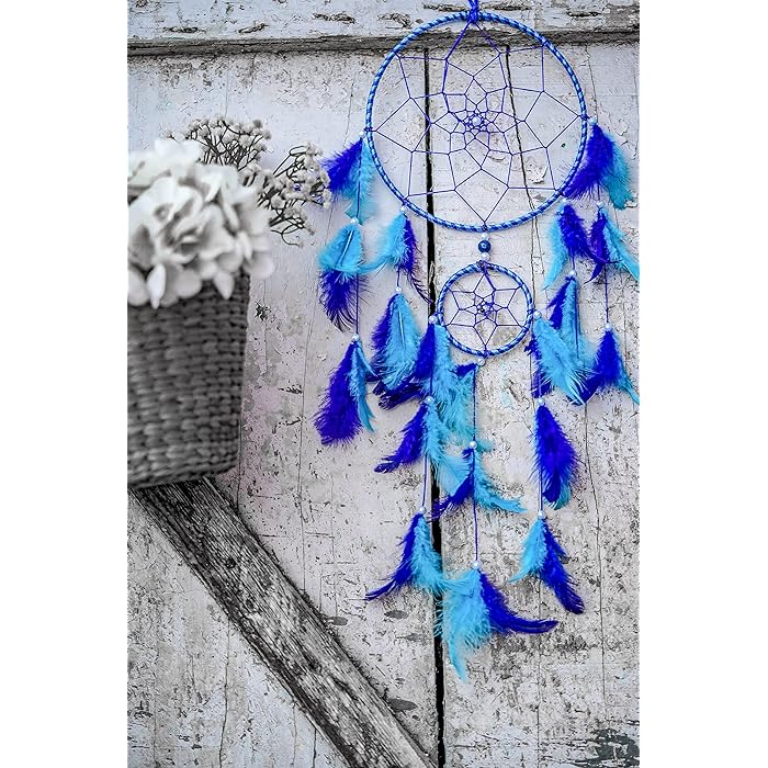 Handmade Dream Catcher Wall Hanging - Blue Feathers | Handmade Blue & Light Blue Feather Dreamcatcher (17cm x 60cm)