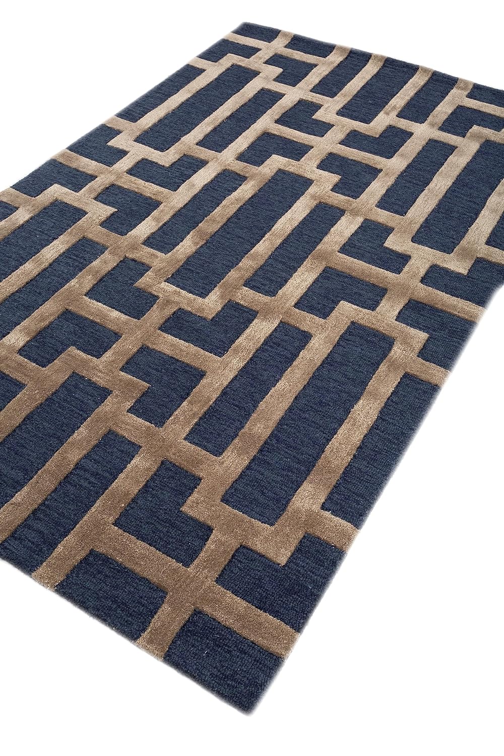 Handmade Geometric Wool Rug: Navy/Dark Gray | Wool & Viscose Geometric Handmade Tufted Lightweight Carpet (Blue, 5x8 Feet)