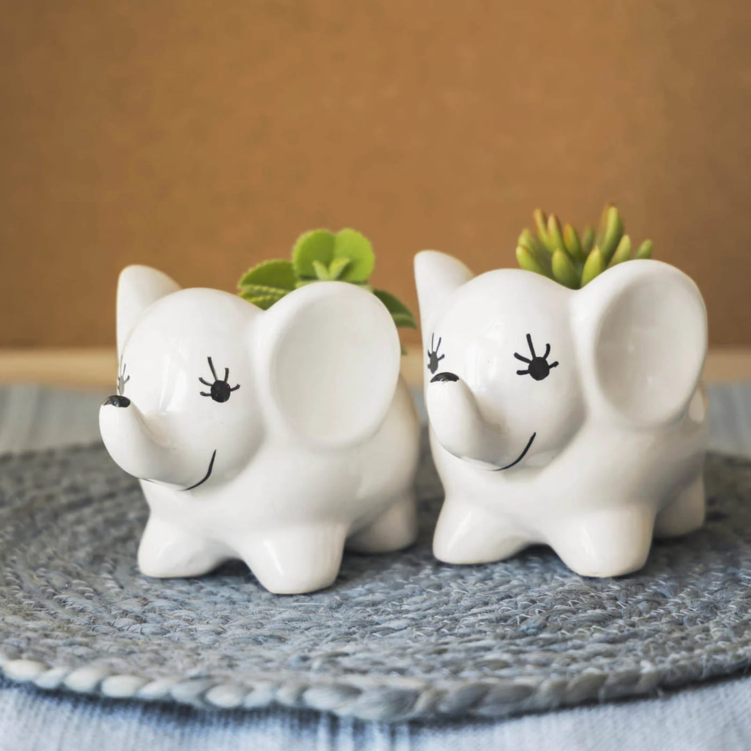 Set of 2 Handmade Ceramic Elephant Planters | White Elephant Planter Pot Set of 2
