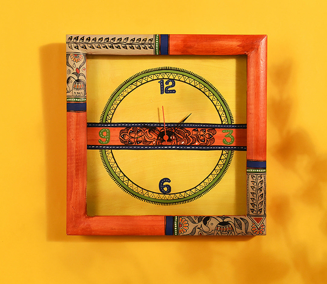 Vibrant Orange Handcrafted Madhubani Art Wall Clock with Glass Frame
