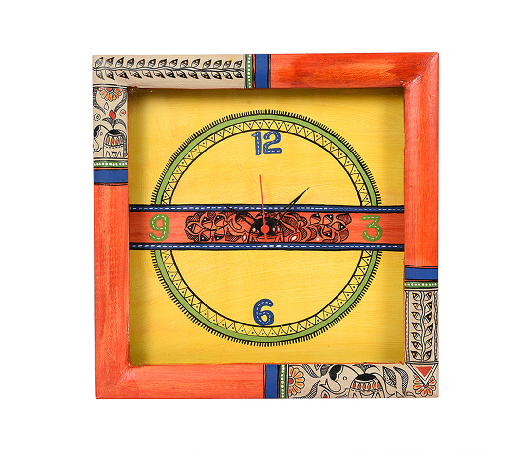 Vibrant Orange Handcrafted Madhubani Art Wall Clock with Glass Frame
