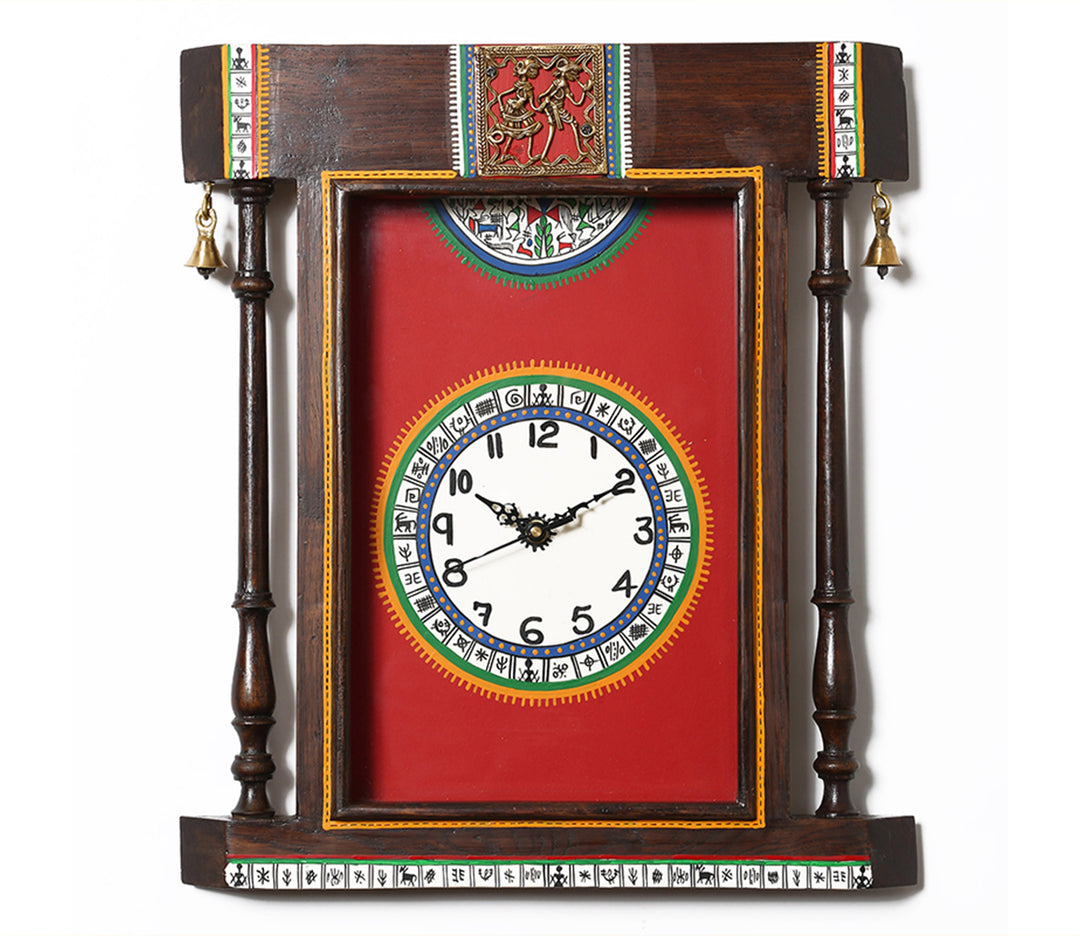 Red and Brown Handcrafted Warli Art Glass Frame Wall Clock