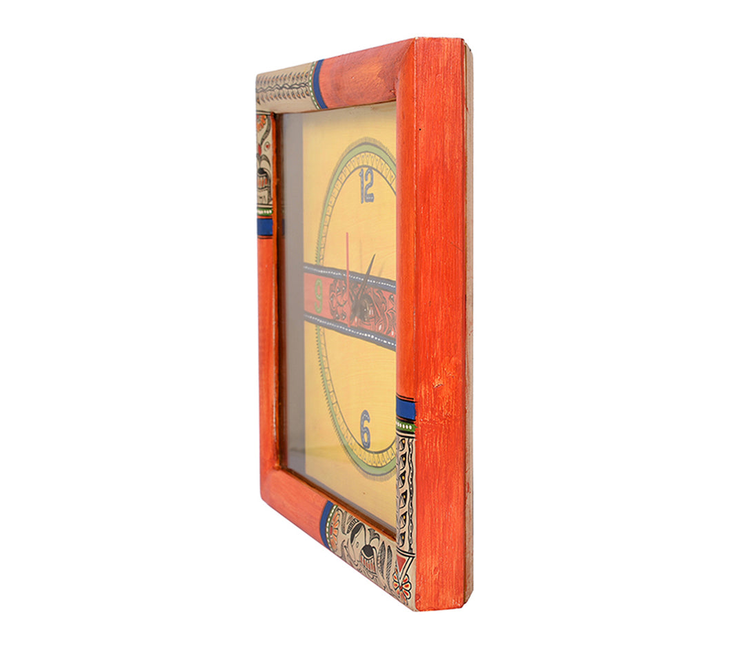 Vibrant Orange Handcrafted Madhubani Art Wall Clock with Glass Frame