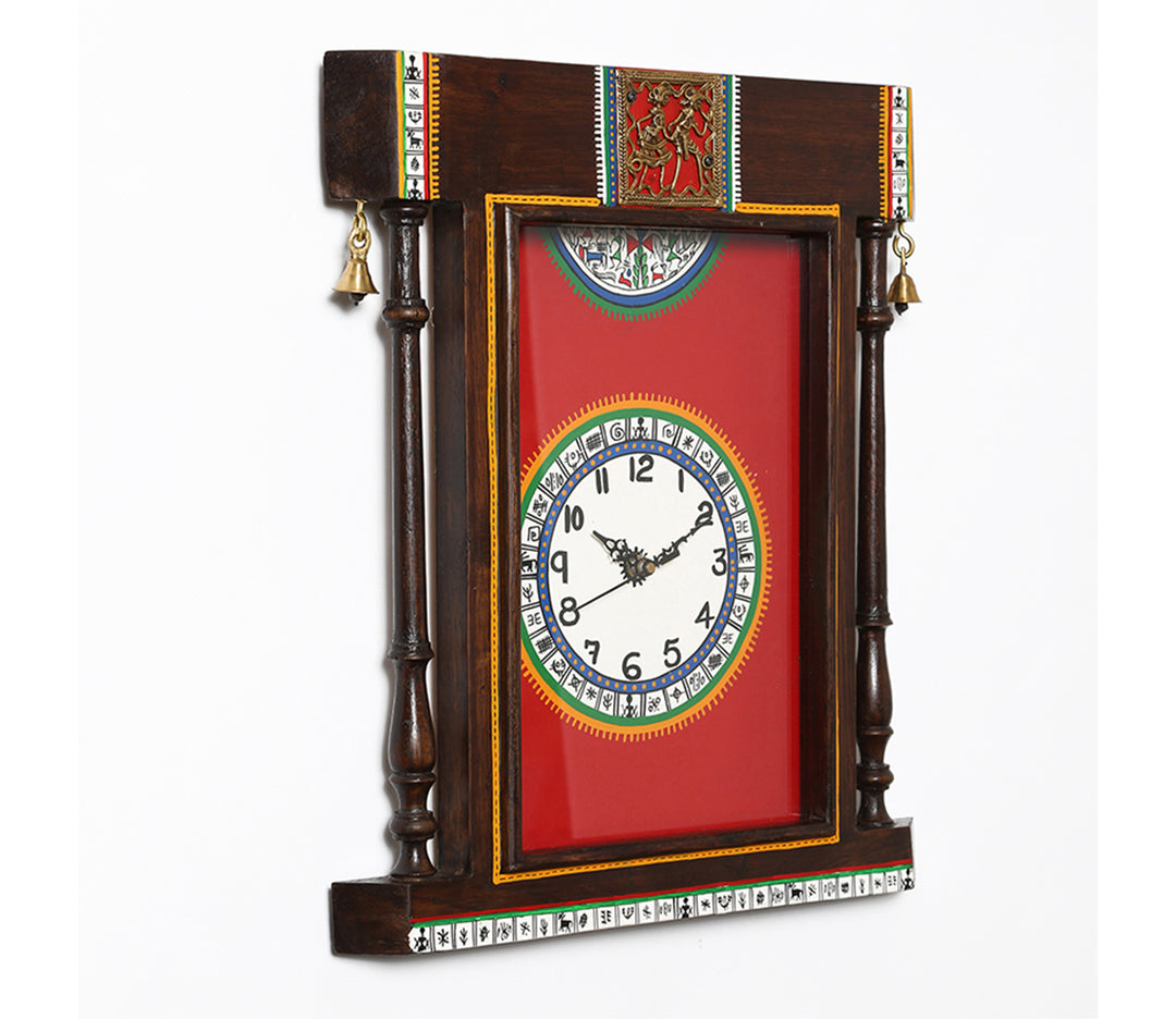 Red and Brown Handcrafted Warli Art Glass Frame Wall Clock