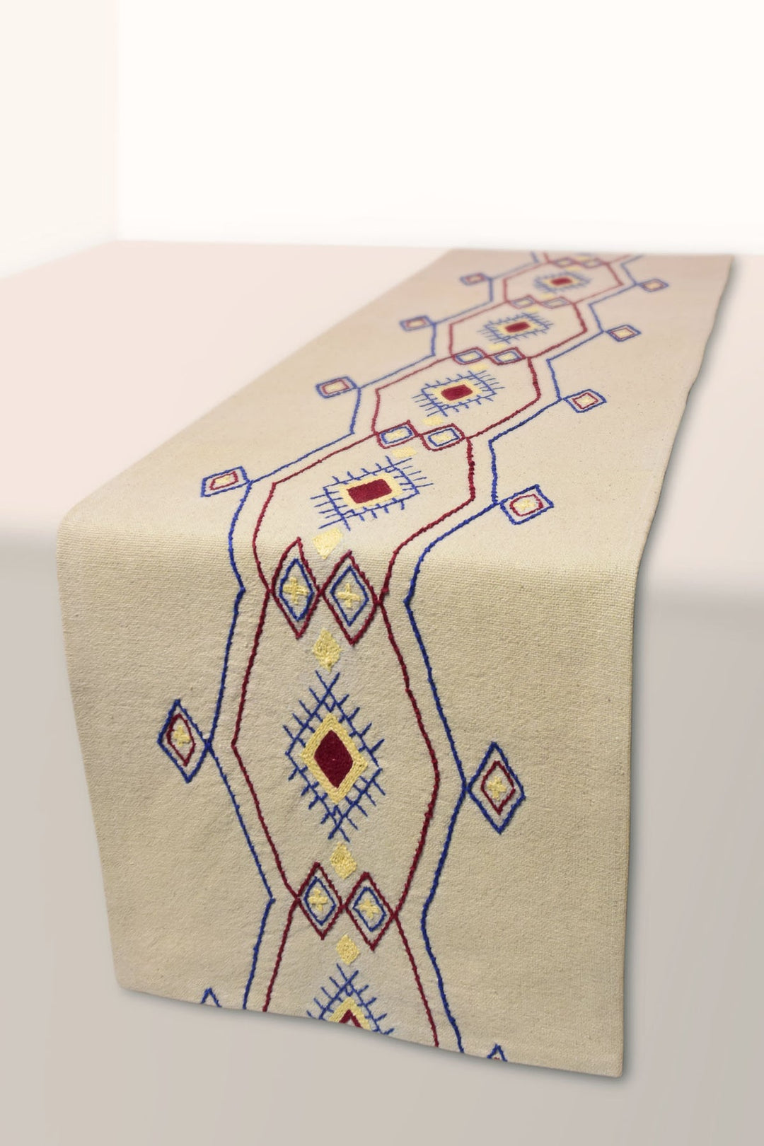 African-Aztec Inspired Embroidered Cotton Table Runner | Xerxes - Handwoven Table Runner - Off White