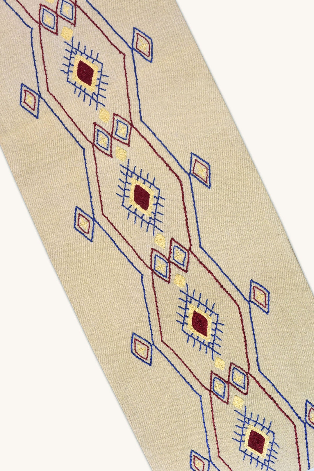African-Aztec Inspired Embroidered Cotton Table Runner | Xerxes - Handwoven Table Runner - Off White