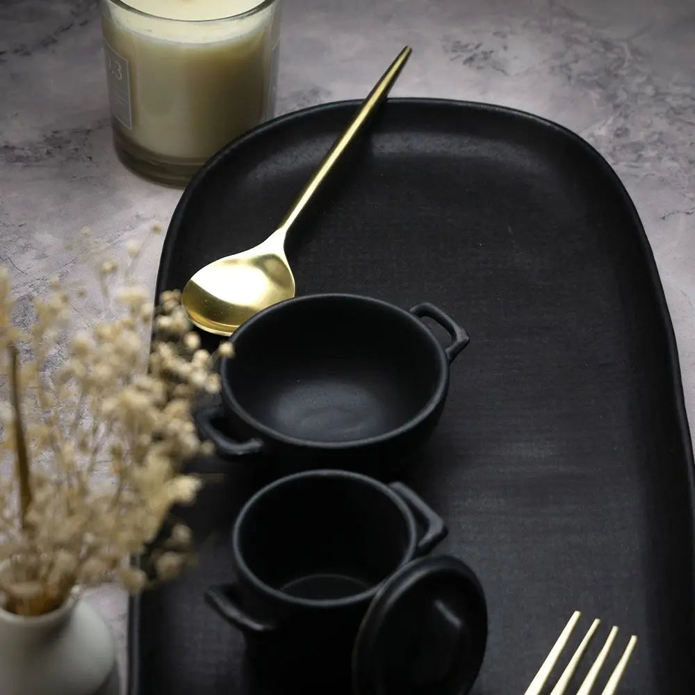 Large Serving Platter with Dip Bowls | Handmade Ceramic Extra Large Serving Platter and Dip Bowls - Black