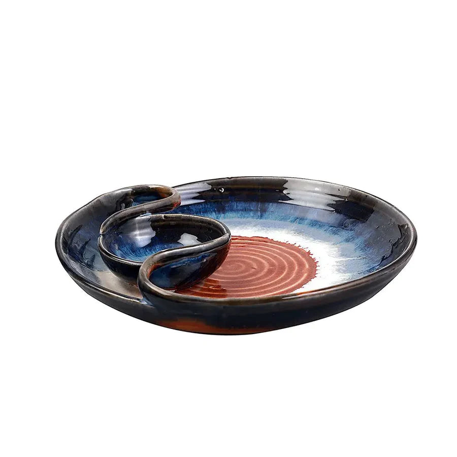 Ceramic Chip & Dip Platter: Orange & Blue | Handmade Ceramic Chip & Dip Platter - Orange & Blue