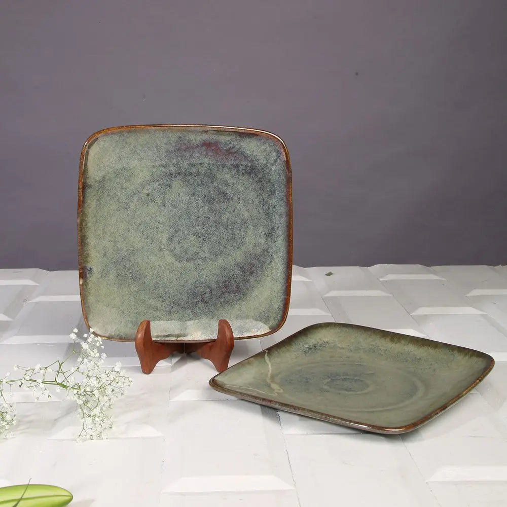 Dark Olive Green Ceramic Serving Platter Set | Handmade Ceramic Square Serving Platter Set of 2 - Dark Olive Green